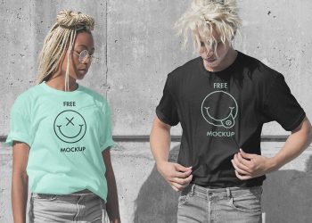 Realistic T-Shirt Mockup Featuring a Man and a Woman