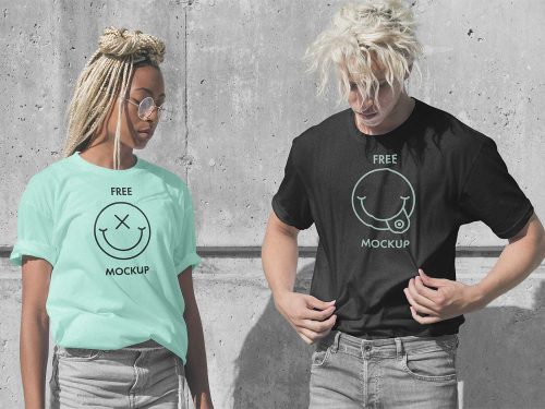 Realistic T-Shirt Mockup Featuring a Man and a Woman